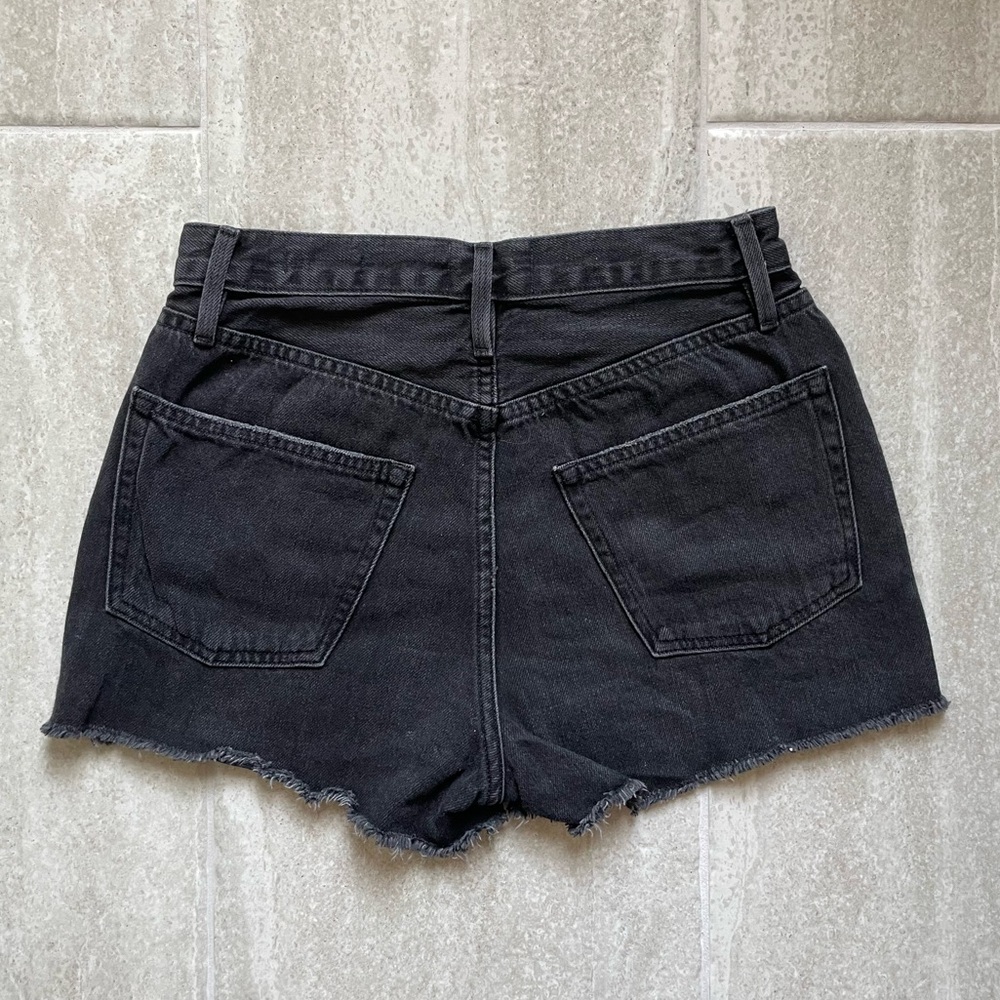 FRAME Le Vintage Black Denim High Rise Shorts | Frayed Hem | Exposed Button Fly - Picture 6 of 8